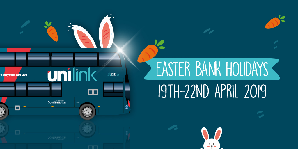 A Unilink bus wears bunny ears whilst carrots fly around. It says 'Easter Bank Holidays - 19th to 22nd April 2019.'