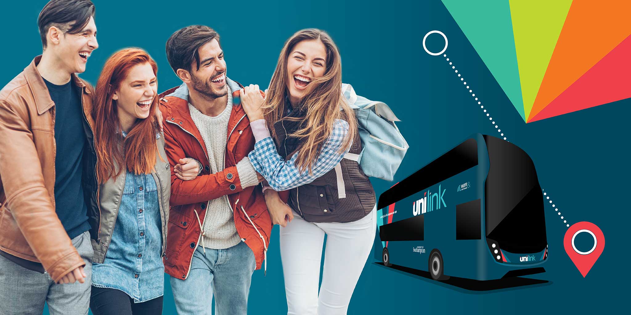 Group of 4 happy students and a Unilink bus