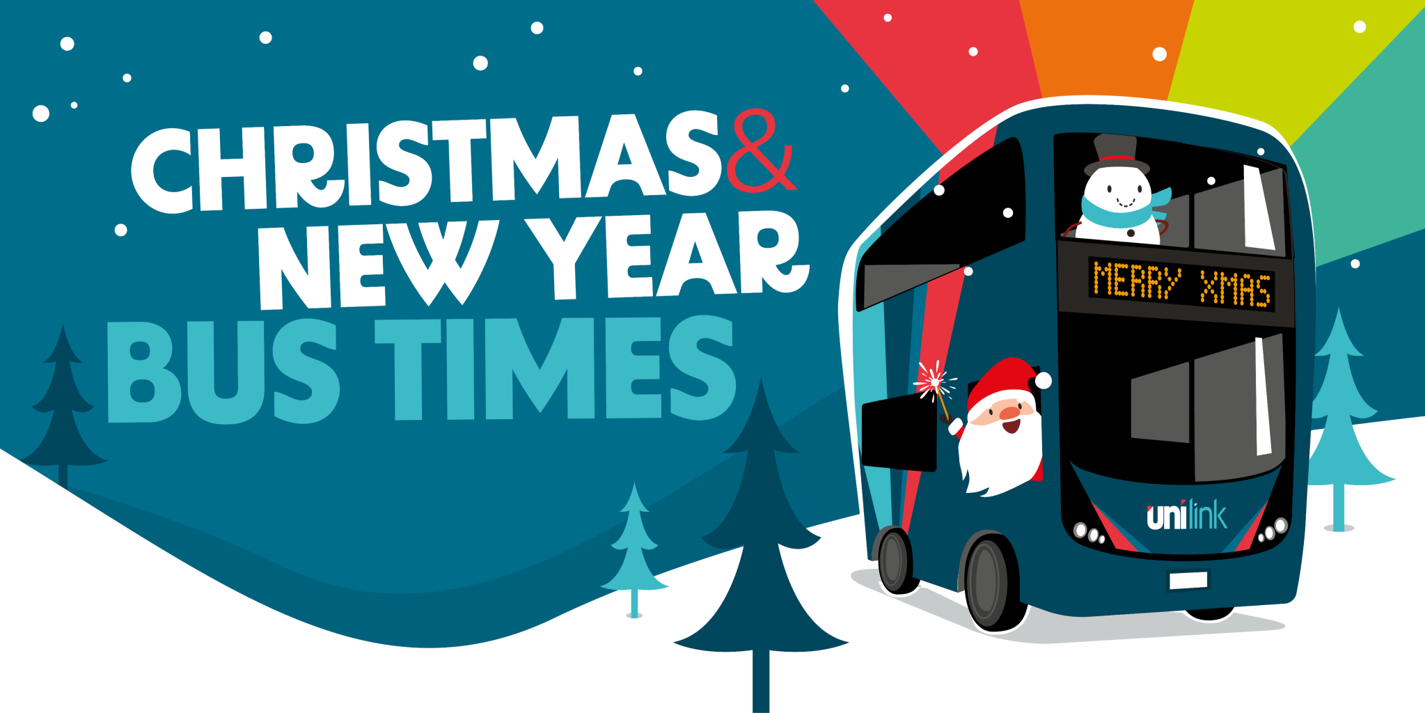 Christmas & New Year bus times image with Santa driving a Unilink bus